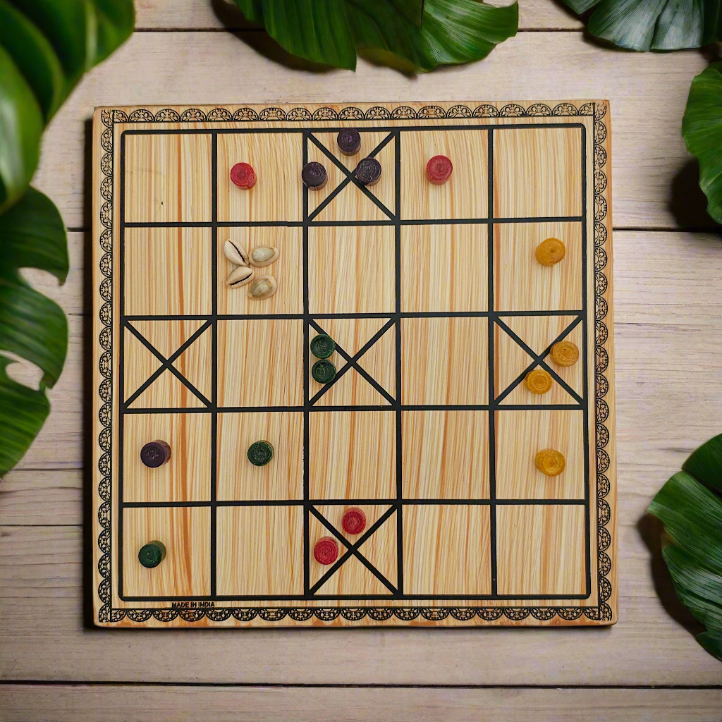 Wooden Chowka Bara Traditional Strategy Board Game | One Board Double-Sided (5 & 7 House)